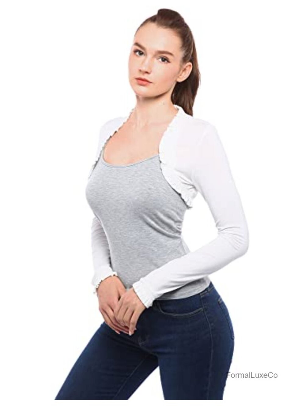 Ruffle Trim Long Sleeve Bolero Shrug Cropped Cardigan